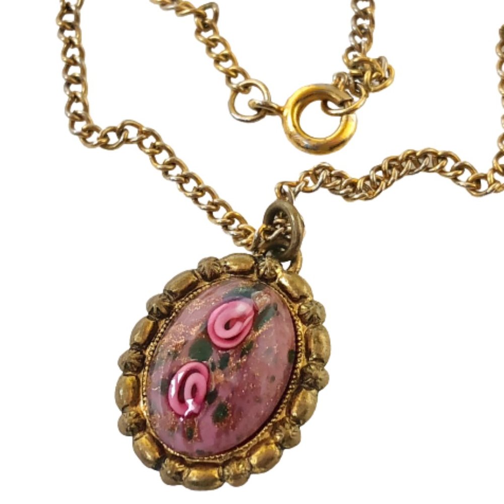 Vintage West Germany Necklace & Pink Flower Pendant with Glitter